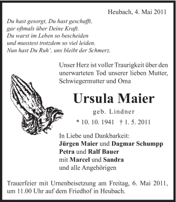 Traueranzeige von Ursula Maier von Gmünder Tagespost