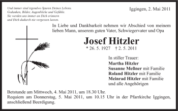 Traueranzeige von Josef Hitzler von Gmünder Tagespost