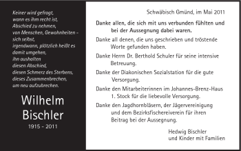 Traueranzeige von Wilhelm Bischler von Gmünder Tagespost