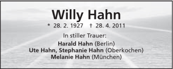 Traueranzeige von Willy Hahn von Schwäbische Post