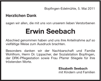 Traueranzeige von Erwin Seebach von Schwäbische Post