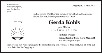 Traueranzeige von Gerda Kohls von Gmünder Tagespost