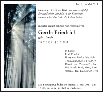 Traueranzeige von Gerda Friedrich von Gmünder Tagespost