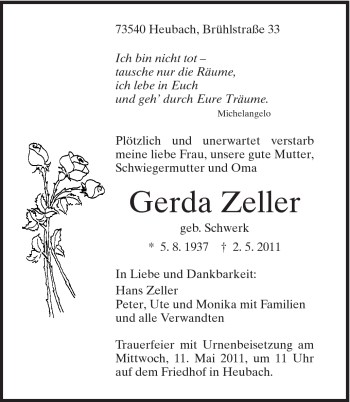 Traueranzeige von Gerda Zeller von Gmünder Tagespost