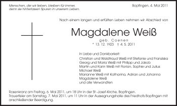 Traueranzeige von Magdalene Weiß von Schwäbische Post
