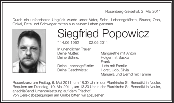 Traueranzeige von Siegfried Popowicz von Schwäbische Post
