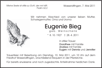 Traueranzeige von Eugenie Bieg von Schwäbische Post