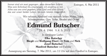 Traueranzeige von Edmund Butscher von Schwäbische Post