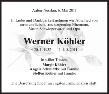 Traueranzeige von Werner Köhler von Schwäbische Post