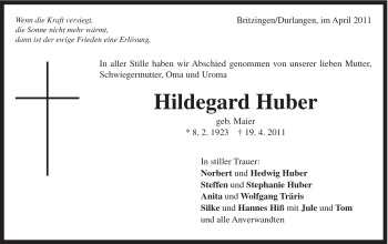 Traueranzeige von Hildegard Huber von Gmünder Tagespost
