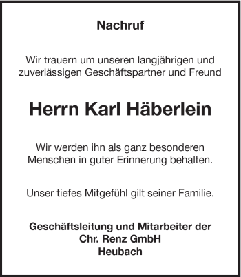 Traueranzeige von Karl Häberlein von Schwäbische Post