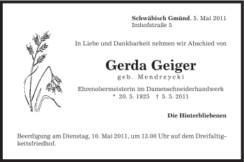 Traueranzeige von Gerda Geiger von Gmünder Tagespost