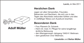 Traueranzeige von Adolf Müller von Gmünder Tagespost