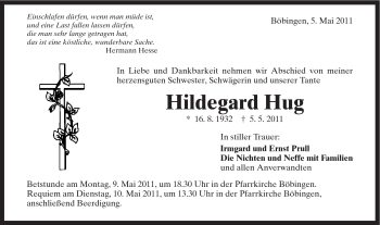 Traueranzeige von Hildegard Hug von Gmünder Tagespost