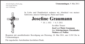Traueranzeige von Josefine Graumann von Schwäbische Post