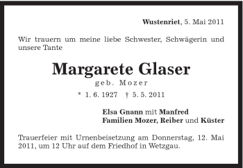 Traueranzeige von Margarete Glaser von Gmünder Tagespost
