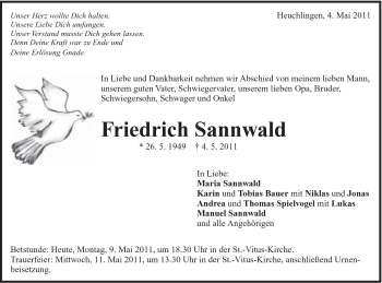 Traueranzeige von Friedrich Sannwald von Gmünder Tagespost