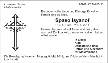 Traueranzeige von Spaso Isyanof von Gmünder Tagespost