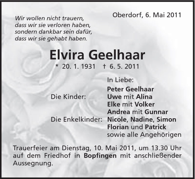  Traueranzeige für Elvira Geelhaar vom 07.05.2011 aus Schwäbische Post