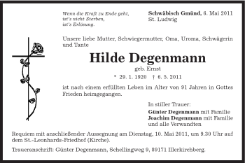 Traueranzeige von Hilde Degenmann von Gmünder Tagespost
