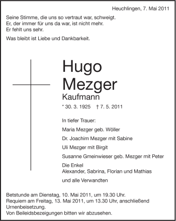 Traueranzeige von Hugo Mezger von Gmünder Tagespost