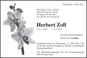 Traueranzeige von Herbert Zoll von Gmünder Tagespost