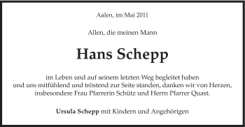 Traueranzeige von Hans Schepp von Schwäbische Post