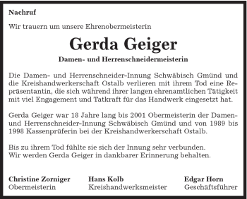 Traueranzeige von Gerda Geiger von Gmünder Tagespost