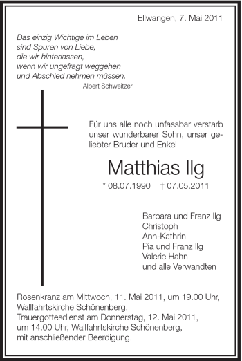 Traueranzeige von Matthias Ilg von Schwäbische Post
