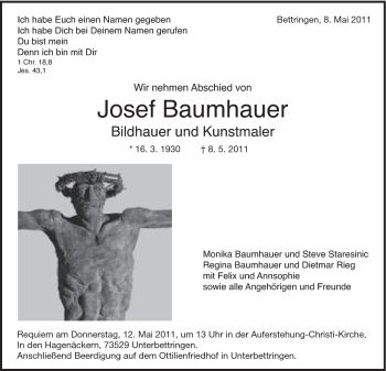 Traueranzeige von Josef Baumhauer von Gmünder Tagespost