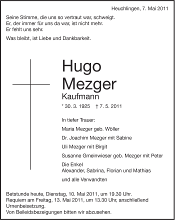 Traueranzeige von Hugo Mezger von Schwäbische Post