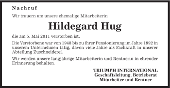 Traueranzeige von Hildegard Hug von Gmünder Tagespost