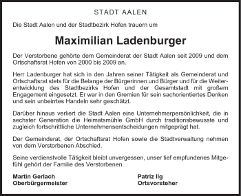 Traueranzeige von Maximilian Ladenburger von Schwäbische Post