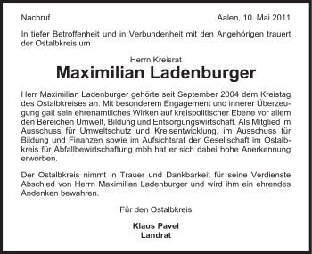 Traueranzeige von Maximilian Ladenburger von Schwäbische Post