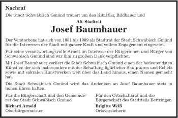 Traueranzeige von Josef Baumhauer von Gmünder Tagespost