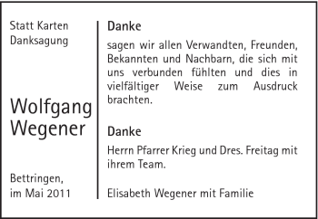 Traueranzeige von Wolfgang Wegener von Gmünder Tagespost