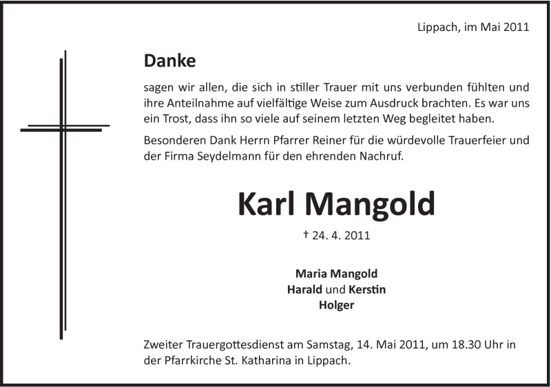  Traueranzeige für Karl Mangold vom 13.05.2011 aus Schwäbische Post