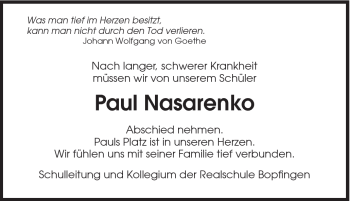 Traueranzeige von Paul Nasarenko von Schwäbische Post