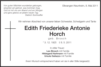 Traueranzeige von Edith Friederieke Antonie Horch von Schwäbische Post