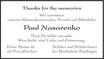 Traueranzeige von Paul Nasarenko von Schwäbische Post
