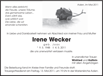 Traueranzeige von Irene Wecker von Schwäbische Post