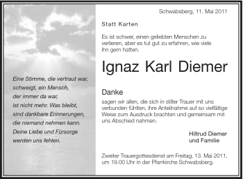 Traueranzeige von Ignaz Karl Diemer von Schwäbische Post