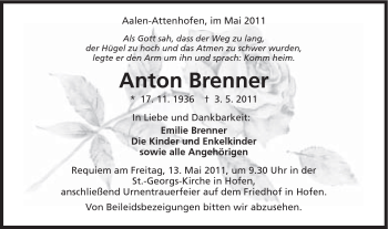 Traueranzeige von Anton Brenner von Schwäbische Post