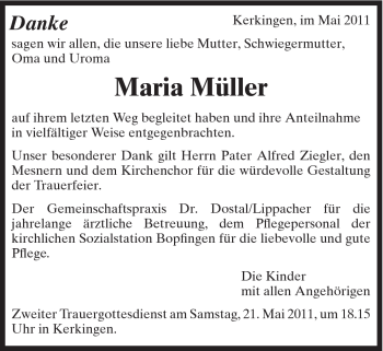 Traueranzeige von Maria Müller von Schwäbische Post