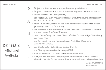 Traueranzeige von Bernhard Michael Seibold von Gmünder Tagespost