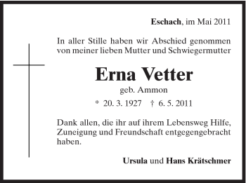 Traueranzeige von Erna Vetter von Gmünder Tagespost