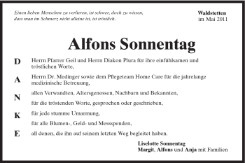 Traueranzeige von Alfons Sonnentag von Gmünder Tagespost