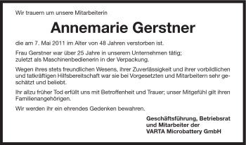 Traueranzeige von Annemarie Gerstner von Schwäbische Post