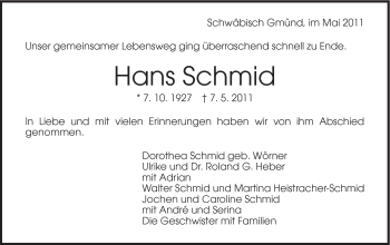 Traueranzeige von Hans Schmid von Gmünder Tagespost