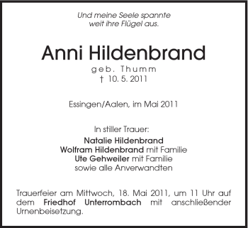 Traueranzeige von Anni Hildenbrand von Schwäbische Post